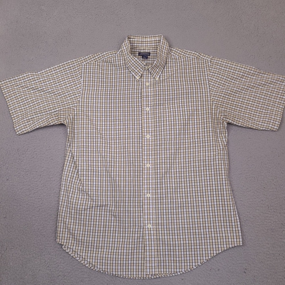 Consensus Shirt Mens Large Brown White Plaid Button Down Short‎ Sleeve